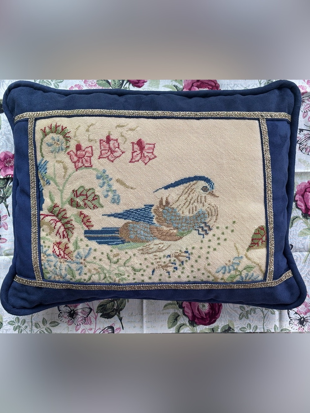 Needlepoint Bird Throw Pillow in Navy and Beige